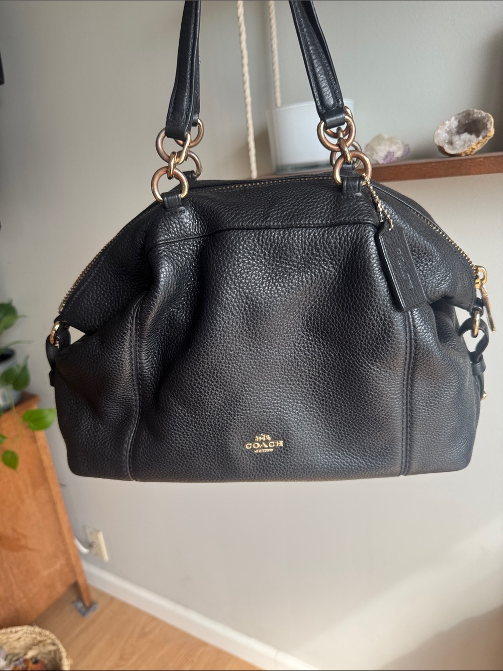 Coach Lenox Black Pebbled Leather Shoulder Satchel with Gold Hardware